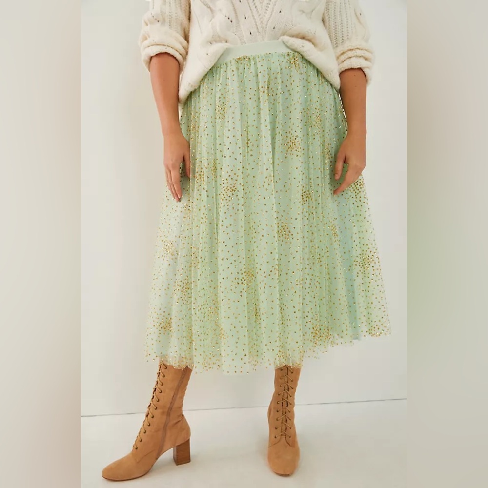 Anthropologie Fun Green Gold Sparkle Pleated A-Line Skirt size S (fits medium)
